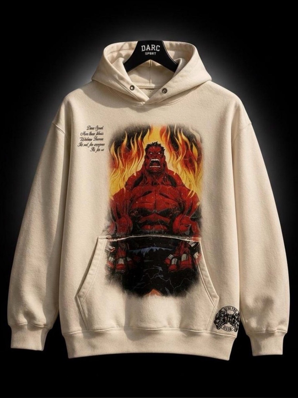 Darc Sport ‘Red Hulk’ Cream Colored Hoodie with Red Flame Artwork - Size L - NWT